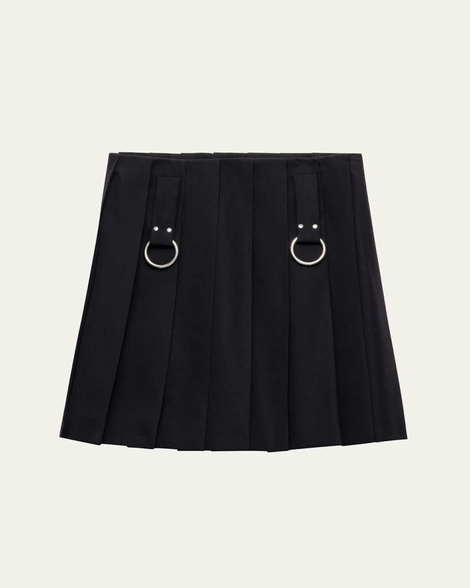 Pleated Metal Ring Mini Wool Skirt